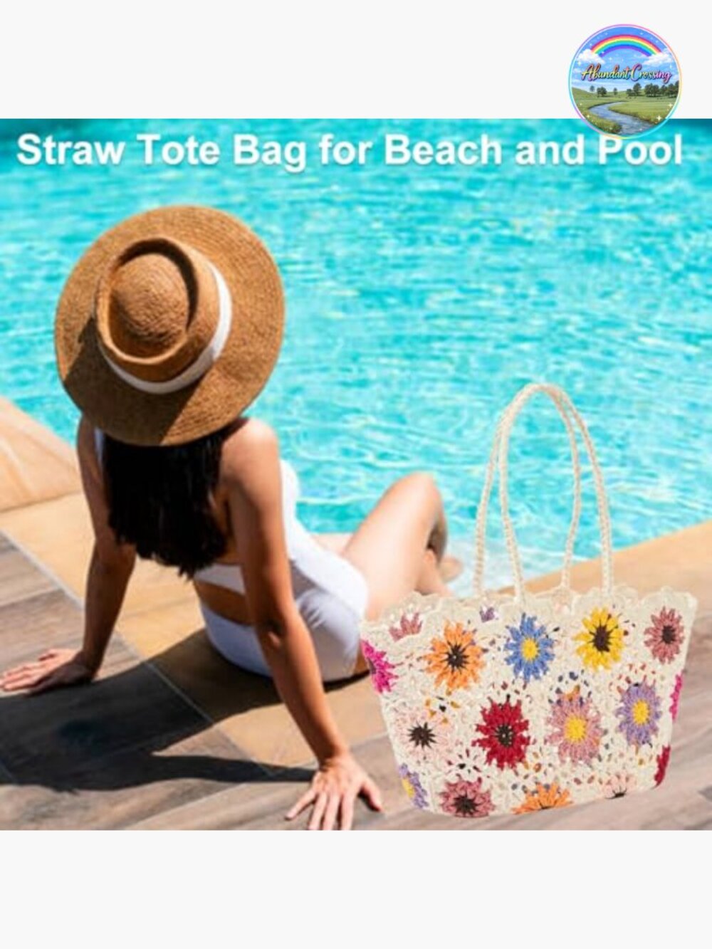 Large Floral Straw Tote Beach Bag Woven Handbag Summer Vacation - Picture 6 of 7